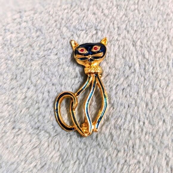 Vintage 80's Enamel and Goldtone Cat Brooche - Picture 8 of 9